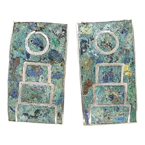 Unbranded Jewelry - Vintage Mexican Sterling Silver Screw-Back Earrings Azurite Chrysocolla Inlay